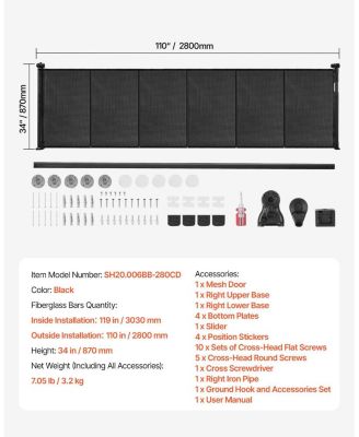 Retractable Baby Gate, 34 in Tall, Extends up to 110 in Wide, Mesh Safety Gate for Kids/Pets, Easy Install for Stairs & Doorways, Black