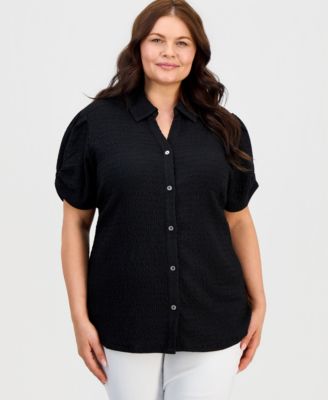 Plus Size Button-Front Pleated-Sleeve Top