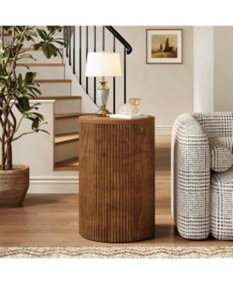 Solid Wood Round Side Table with Storage Set of 2, No-Assembly Fluted End Table with 4 Wheels, Wooden Nightstand