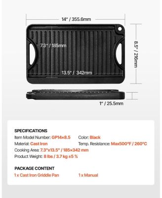 Cast Iron 14" x 8.5" Reversible Grill/Griddle Pan