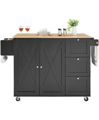 56" Kitchen Island Cart with Wood Top, Storage Cabinet, Drop Leaf, Drawer, Adjustable Shelf, Spice Rack, Towel Bar, Hooks