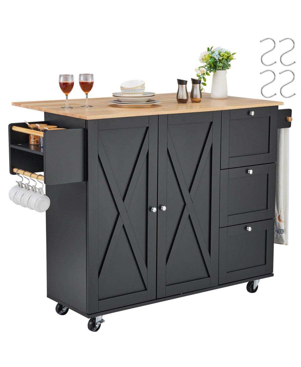 Volenca 56" Kitchen Island Cart with Wood Top, Storage Cabinet, Drop Leaf, Drawer, Adjustable Shelf, Spice Rack, Towel Bar, Hooks