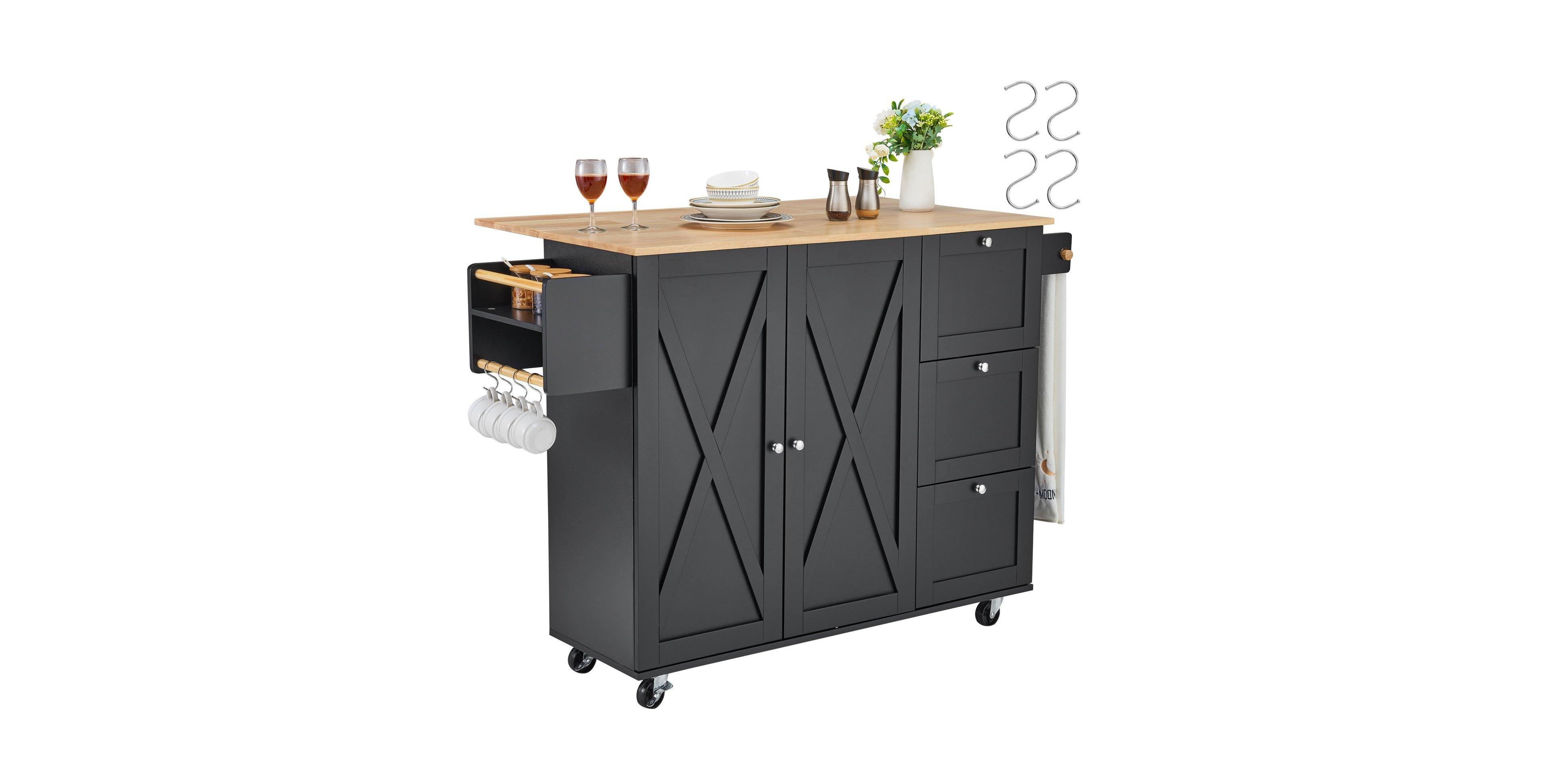 Volenca 56" Kitchen Island Cart with Wood Top, Storage Cabinet, Drop Leaf, Drawer, Adjustable Shelf, Spice Rack, Towel Bar, Hooks