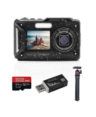 MN60WP 48MP 4K Ultra HD Dual LCD Screen Waterproof Digital Camera, Black, Bundle with 64GB Memory Card, MT-11 Tripod and USB Card Reader