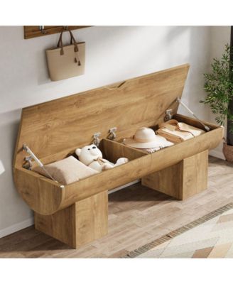 Storage Bench with Safety Hinges, 55 Inch Farmhouse Shoe Bench with Flip-Top, Natural