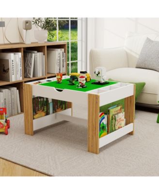 White Kids 2 in 1 Play Table with 7 Storage Compartments LEGO Compatible Building Surface and Whiteboard Modern Activity Learning Furniture