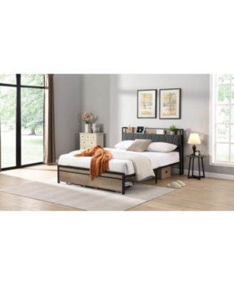 Queen Size Metal Platform Bed Frame with Storage and USB Headboard