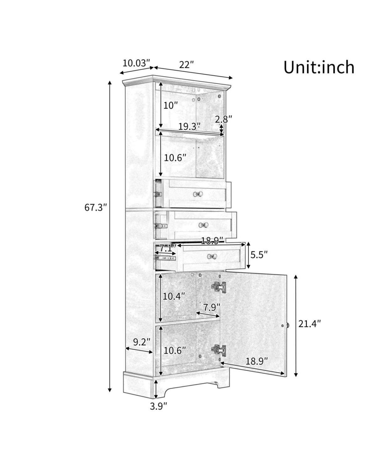 Rainsken Bathroom Storage Cabinet, with 3 Drawers and Adjustable Shelves, Modern Cabinet