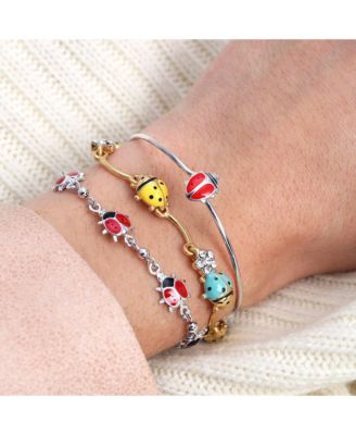 Good Luck Multi Charms Enamel Red Ladybugs Strand Bracelet .925 Sterling Silver