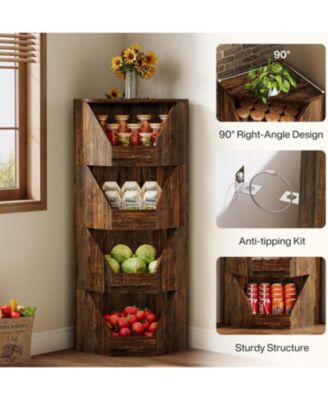4-Tier Fruit and Vegetable Storage Rack, 55.12" H Freestanding Open Storage Basket Stand, Wood Corner Vegetable Fruit Shelves