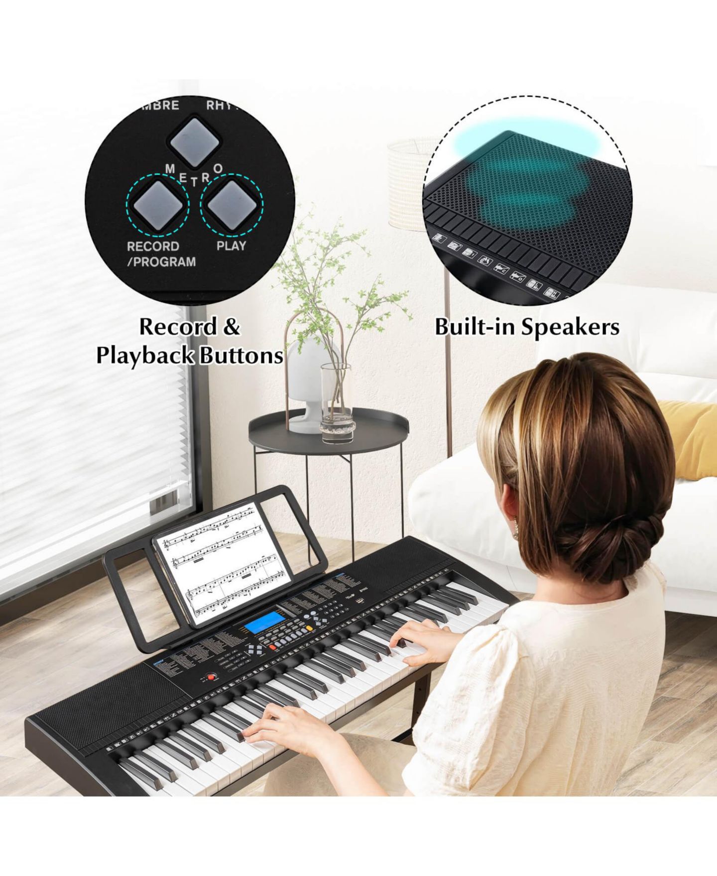 Детские игрушки Costway 61-Key Electric Piano Keyboard with 3 Teaching Modes and Lighted Keys, 7-Piece Set, Ages 5+, цвет: Чёрный — фото 5