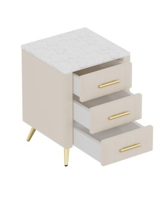 Velvet Nightstand with 3 Drawers, Upholstered Bedside Table with Faux Marble Top and Metal Legs for Bedroom and Living Room