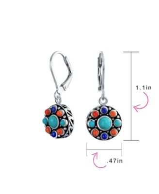 Native American Style Multi Color Round Lapis Turquoise Drop Earrings Silver