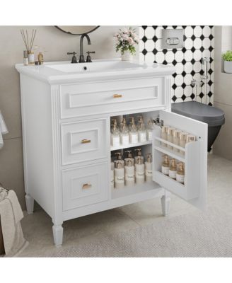 30 in. Bathroom Vanity Cabinet with Sink, One Flip Drawer and Two Drawers, Adjustable Shelf, Solid Wood and MDF