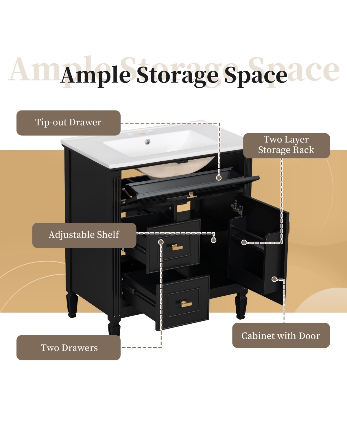 Cesicia 30 in. Bathroom Vanity Cabinet with Sink, One Flip Drawer and Two Drawers, Adjustable Shelf, Solid Wood Mdf