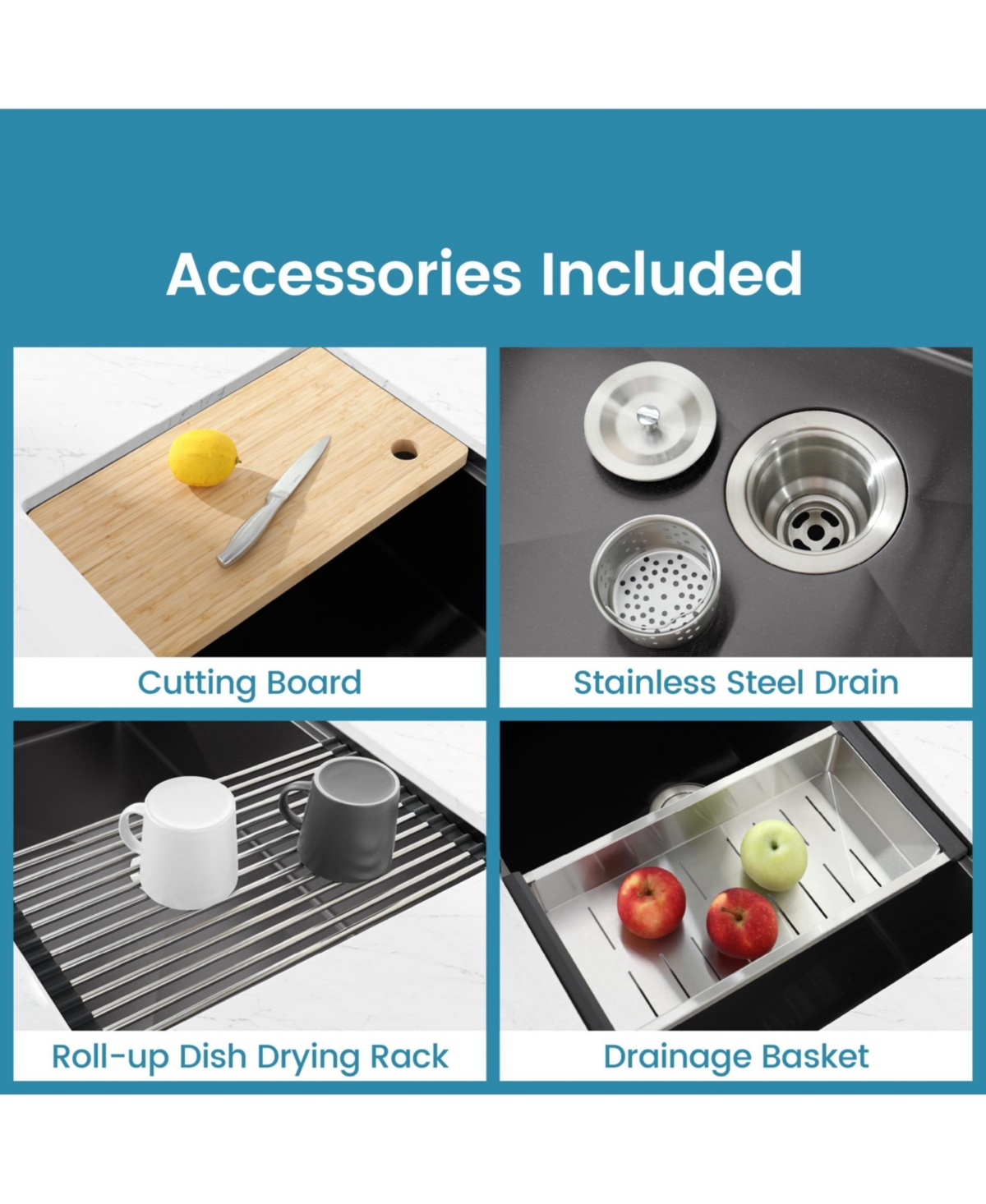 flynama 33inch Undermount Single Bowl Brushed 304 Stainless Steel Handmade Kitchen Sink with Cutting Board and Colander