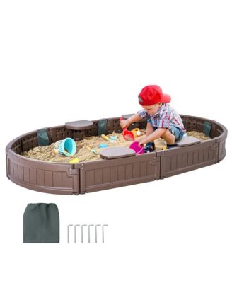 Sandbox with Cover,  Oval Sand Box, HDPE Sand Pit with 4 Corner Seating and Bottom Liner