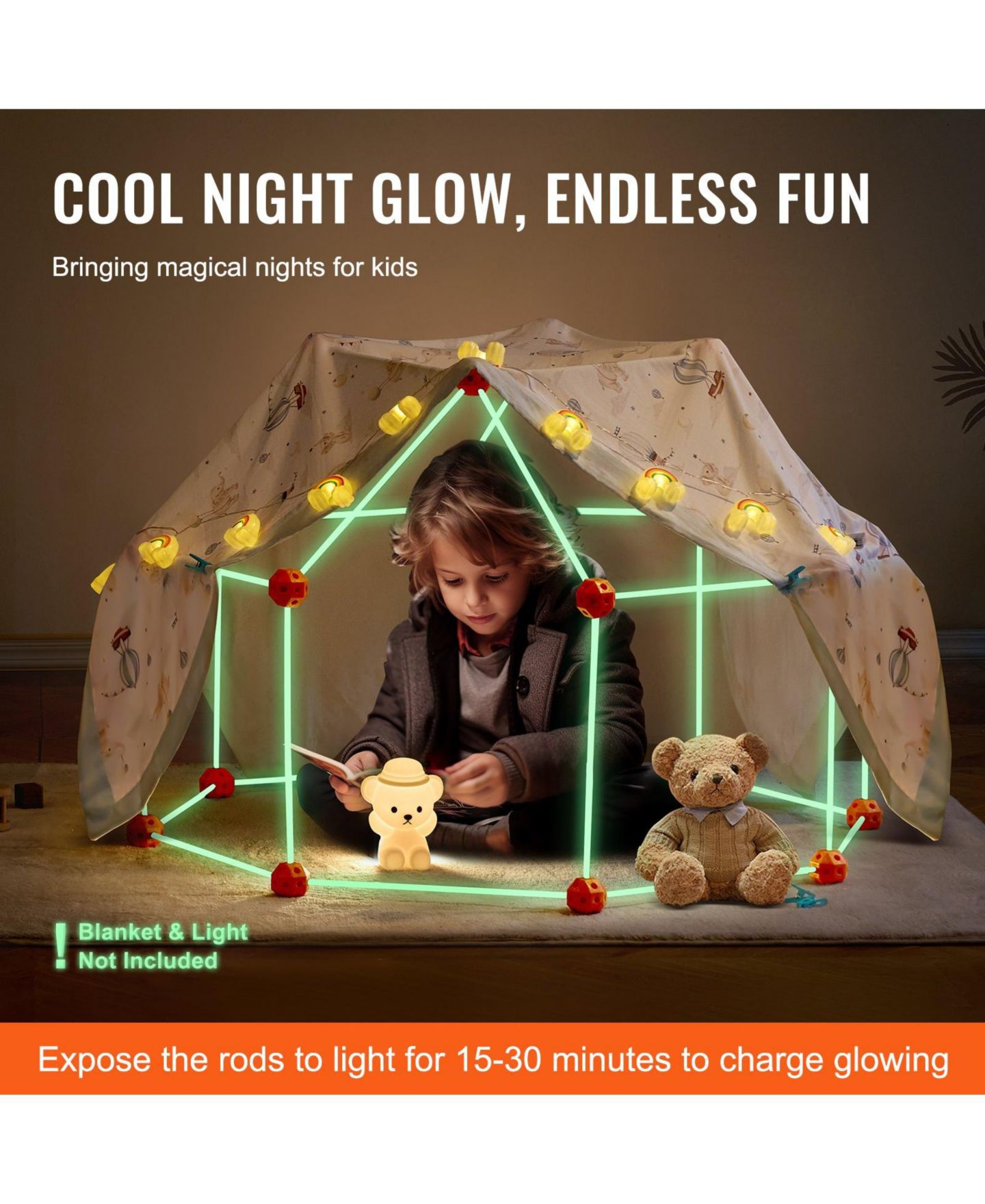 Детский конструктор Slickblue Glow Fort 140-Piece Glow-In-The-Dark Stem Building Kit, Ages 5+, цвет: Оранжевый / Зелёный — фото 10