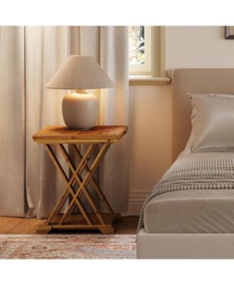 Solid Wood Side Table Set of 2, Farmhouse Narrow Nightstand, Small Square 2-Tier End Table for Living Room & Bedroom, Brown