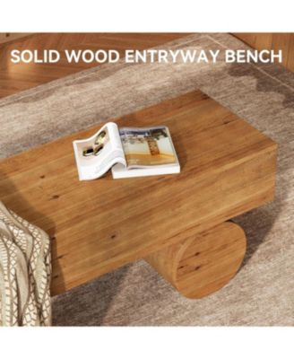 Solid Wood Entryway Bench, 59" Farmhouse Narrow Shoe Bench Seat with Thickened Seat & Cylindrical Legs, Indoor End of Bed, Brown