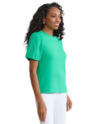 Women's Eyelet Puff-Sleeve Crew Neck Top