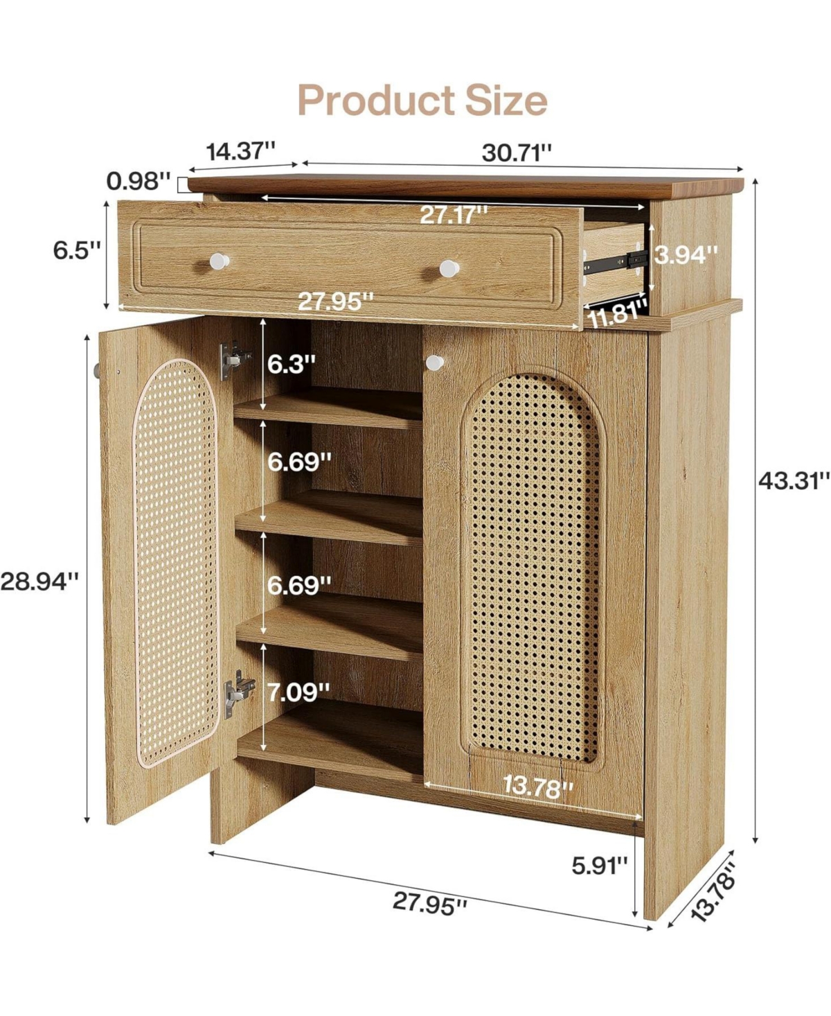 Tribesigns Shoe Cabinet with Doors, 6-Tier Shoe Rack with Drawer and Adjustable Shelves, 43.3" Tall Boho Farmhouse Shoe Storage Cabinet