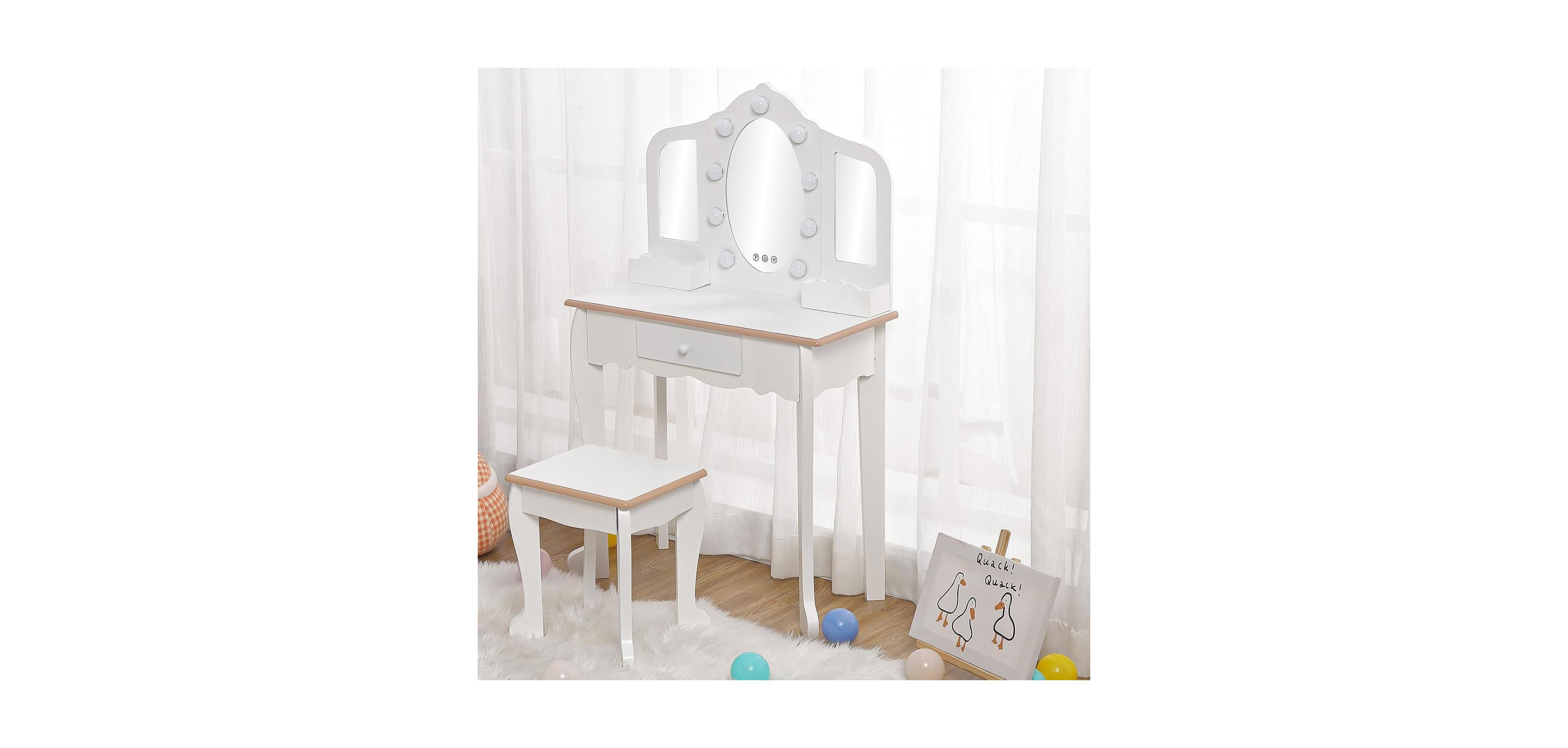 gaomon Kids Vanity Set with 3 Mirrors, Pretend Play Girls Vanity Table and Chair Set with Lighted Mirror, Stool, and Wood Makeup Playset