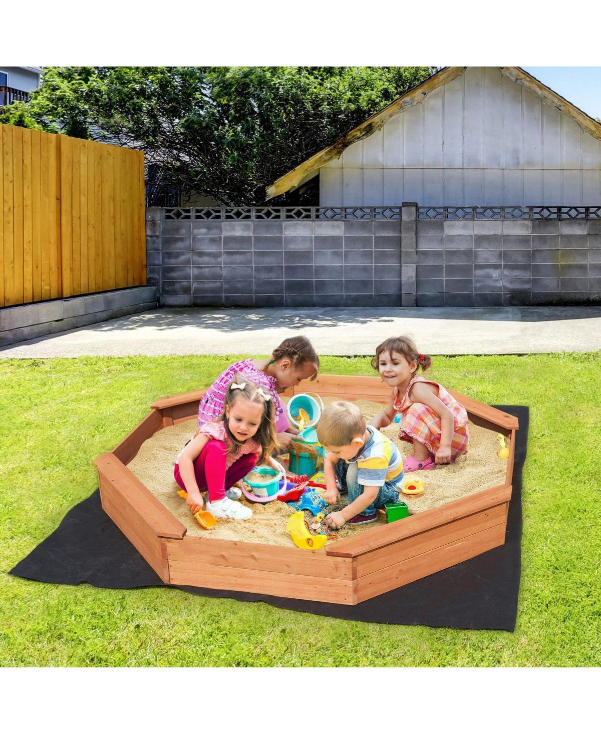 Mecale Wooden Octagonal Sandbox w/ Cover, 75.6" x 75.6" x 9.1", 4 Seats & Bottom Liner, Ages 3-12