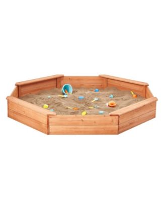 Wooden Octagonal Sandbox w/ Cover, 75.6" x 75.6" x 9.1", 4 Seats & Bottom Liner, Ages 3-12