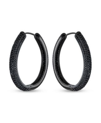 Large Cubic Zirconia Pave CZ Big Oval Black Hoop Earrings Inside Out Design