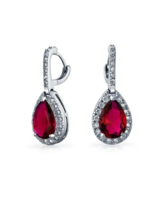 Solitaire Teardrop Halo Ruby Red CZ Pendant Necklace Earrings Jewelry Set