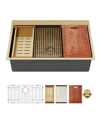 huluwat 36x22x10inch Drop in Gold Kitchen Sink Workstation Stainless Steel Single Bowl 16 Gauge
