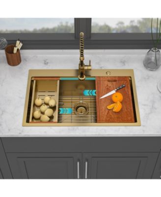 huluwat 36x22x10inch Drop in Gold Kitchen Sink Workstation Stainless Steel Single Bowl 16 Gauge