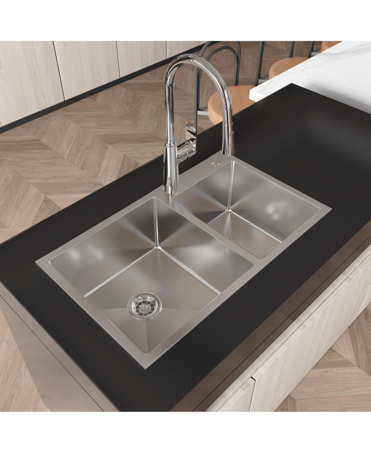 flynama 32inch Overmount Double Bowl Brushed Nickel 304 Stainless Steel Handmade Kitchen Sink Ls SSBR03 with Us Standard Drain and Hook