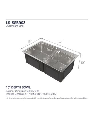 32inch Overmount Double Bowl Brushed Nickel 304 Stainless Steel Handmade Kitchen Sink LS SSBR03 with US Standard Drain and Hook