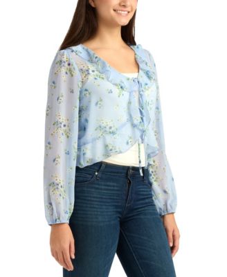 Juniors' Floral V-Neck Printed Top