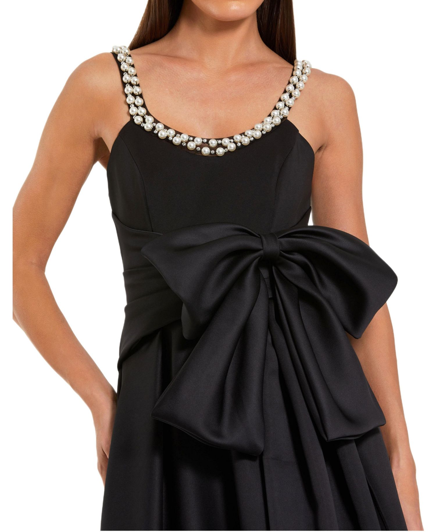 Petite Satin Gown With Pearl Neckline and Bow Detail