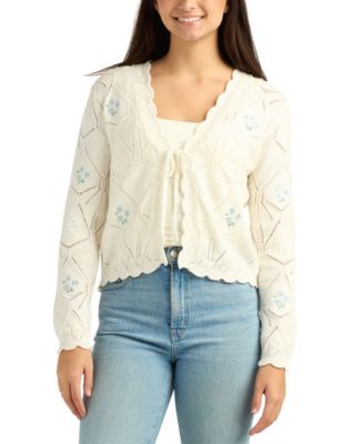 Juniors' Printed Long-Sleeve V-Neck Cardigan Sweater