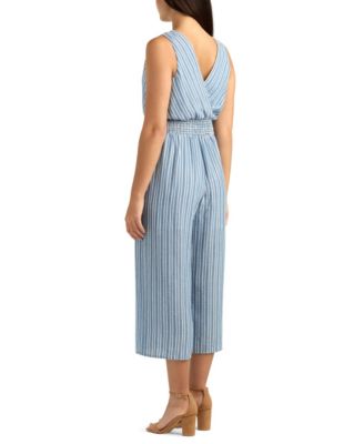 Juniors' Striped Surplice Sleeveless Smocked Jumpsuit