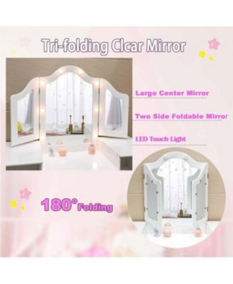 Kids Vanity with Lights,2 in 1 Princess Makeup Desk & Chair Set, Lighted Mirror, Storage Shelves & Cabinet