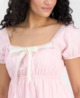 Juniors' Ribbon-Trim Puff-Sleeve Peasant Top