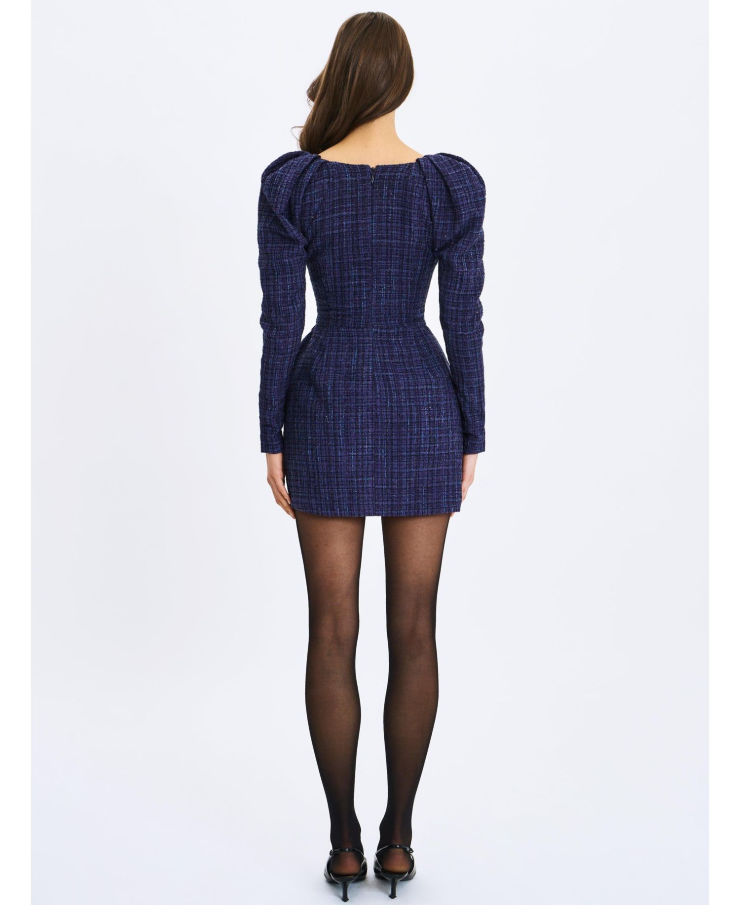 Women's Denise Navy Tweed Ruched Puff Sleeve Mini Dress