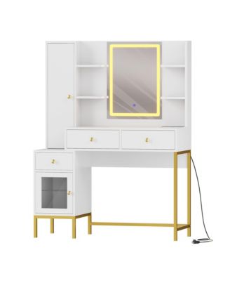 Makeup Vanity with Lights, 3 Lighting Modes Vanity Desk with Soft Cushioned Stool,Modern Dressing Table,Charging Station, 3 Drawers, a Cabinet
