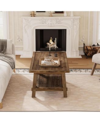 Solid Wood Coffee Table, 47-Inch Rustic Coffee Table for Living Room, 2-Tier Wood Farmhouse Rectangle Center Table with Storage