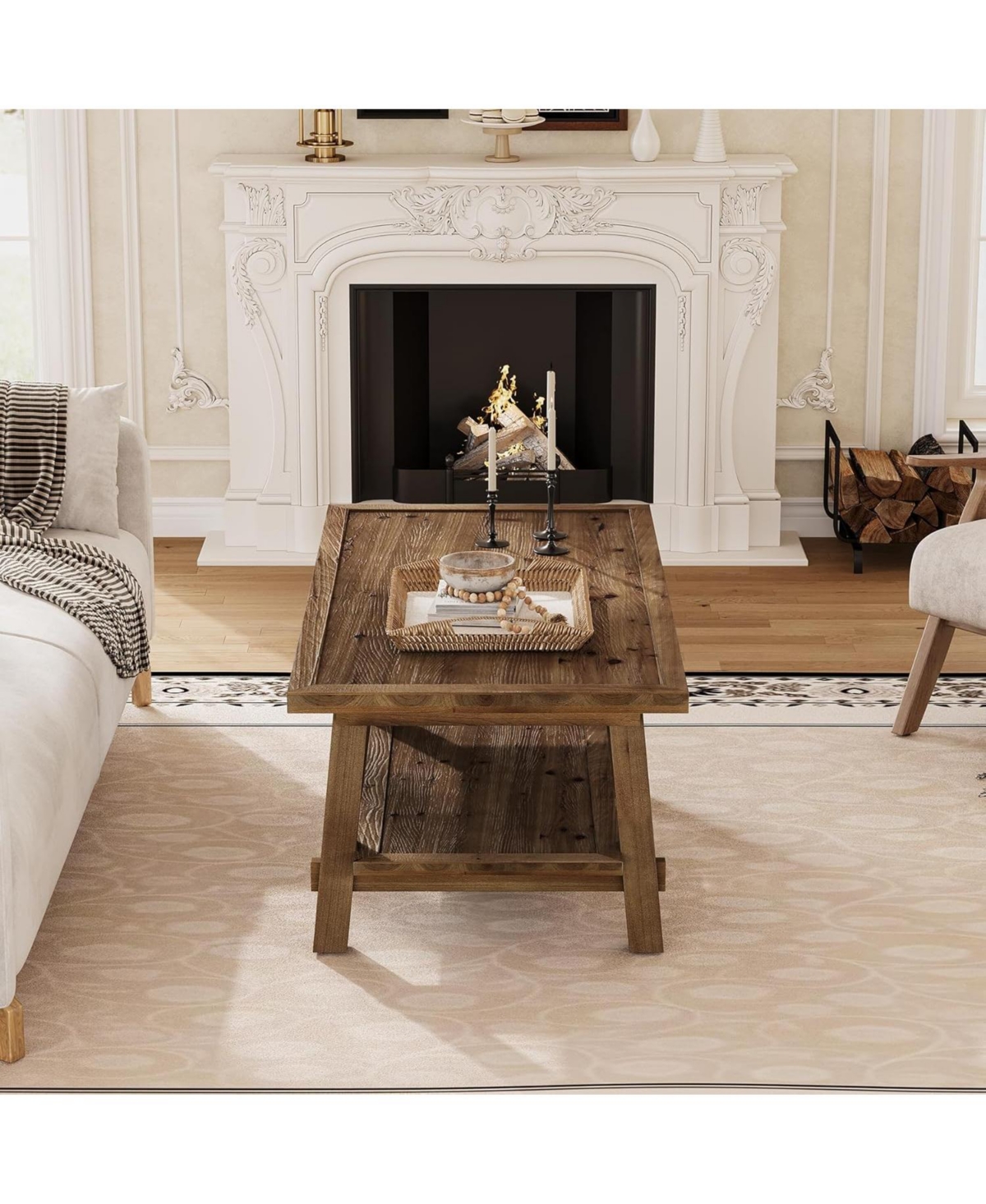 Tribesigns Solid Wood Coffee Table, 47-Inch Rustic Coffee Table for Living Room, 2-Tier Wood Farmhouse Rectangle Center Table with Storage