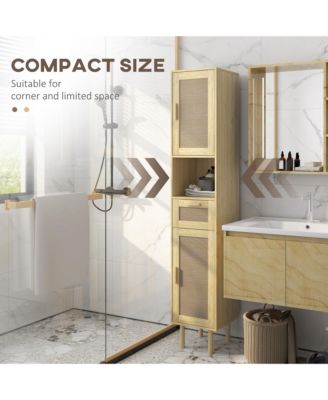 1Pc Rattan Doors, Adjustable Shelves & Slim Design Tall Bathroom Storage Cabinet