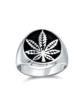 Mens Statement Black Marijuana Leaf Medallion Round Signet Ring Sterling Silver