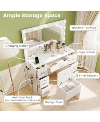 Vanity Desk with Mirror and Lights Storage Stool Power Outlets 3 Lighting Colors