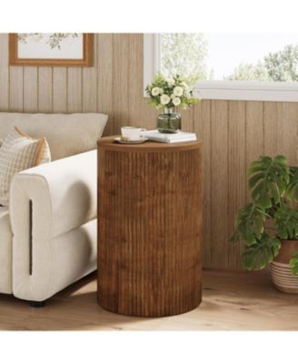 Solid Wood Round Side Table with Storage, No-Assembly Fluted End Table with 4 Wheels, Wooden Nightstand (Fully Assembled)