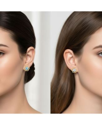 Set of 2 Tiny Blue & Clear CZ Open Flower Stud Helix Lobe Cartilage 1 Piece Earring 14K Gold 4MM Screwback Post